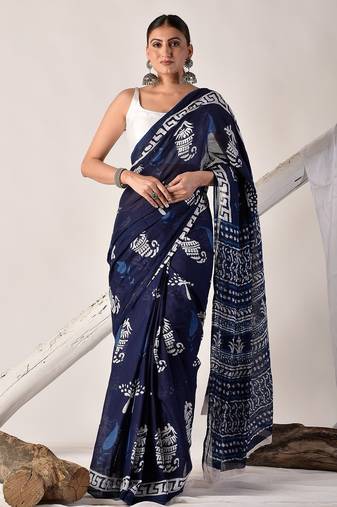 Blue hand block printed pure cotton saree