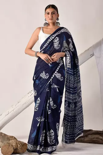 Blue hand block printed pure cotton saree