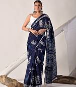 Blue hand block printed pure cotton saree