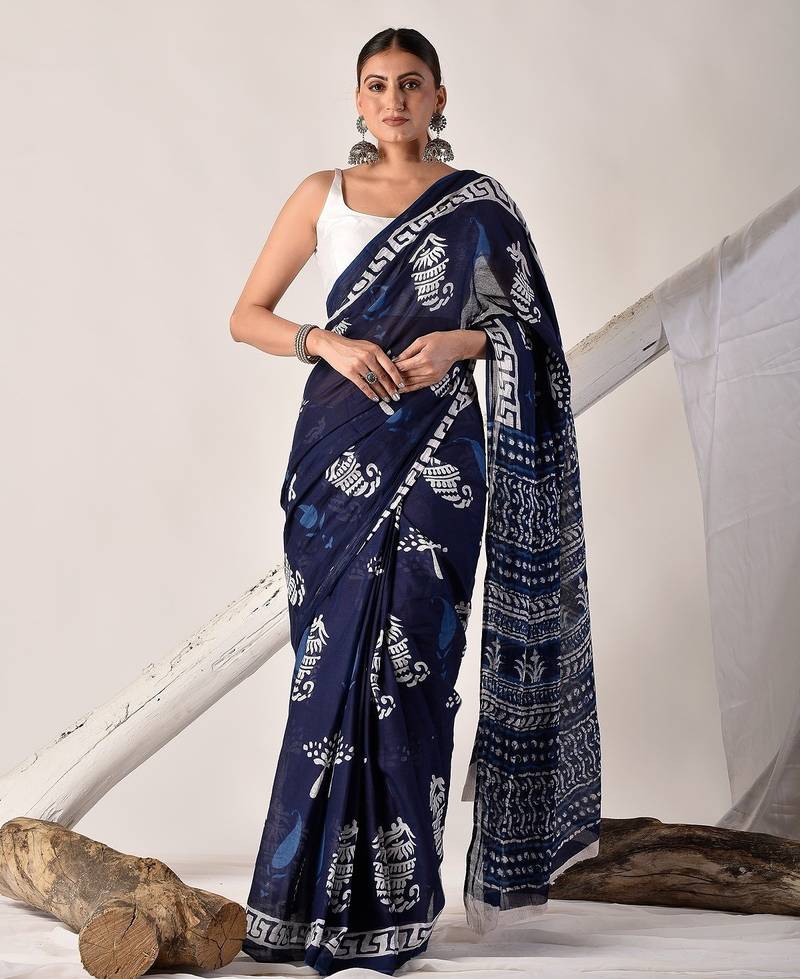 Blue hand block printed pure cotton saree