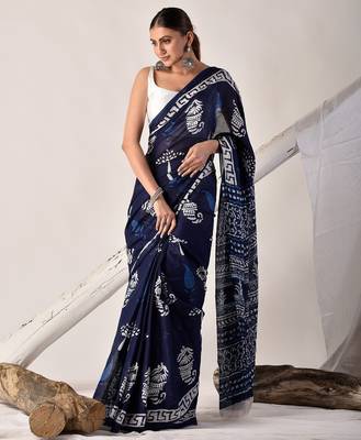 Blue hand block printed pure cotton saree 2