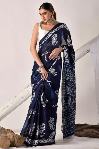Blue hand block printed pure cotton saree