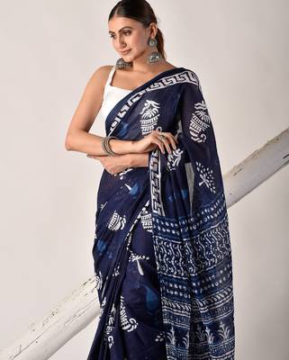 Blue hand block printed pure cotton saree 3