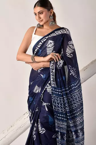 Blue hand block printed pure cotton saree