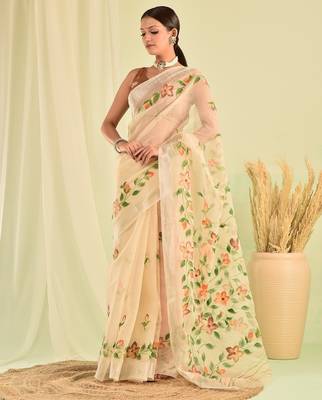 Beige hand painted kota doria saree 1