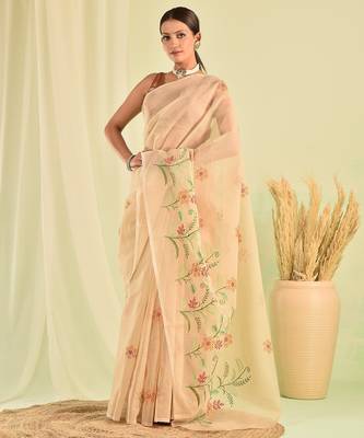 Beige kota doria saree with hand embroidery 1