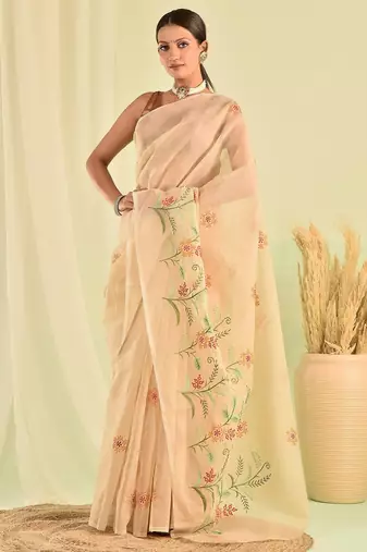 Beige kota doria saree with hand embroidery