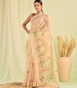 Beige kota doria saree with hand embroidery