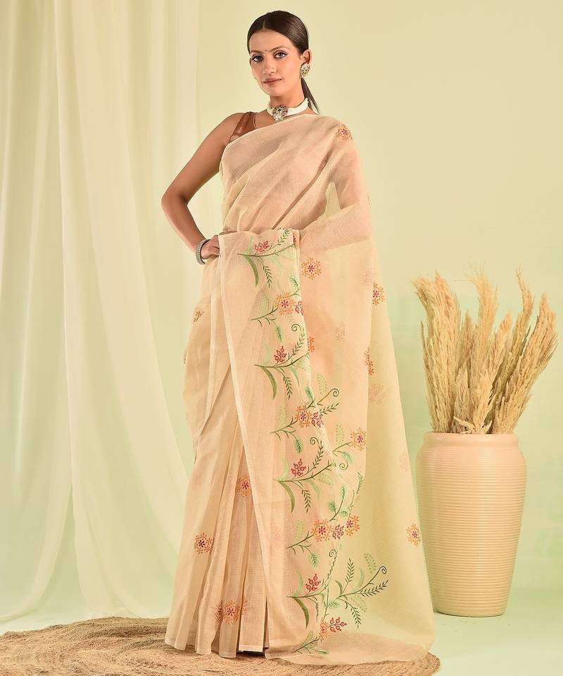 Beige kota doria saree with hand embroidery