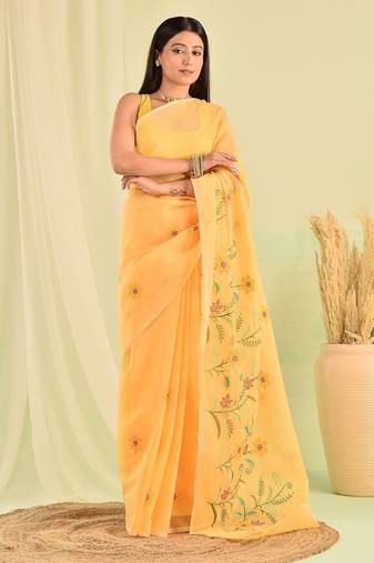 Yellow kota doria saree with hand embroidery