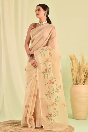 Beige kota doria saree with hand embroidery