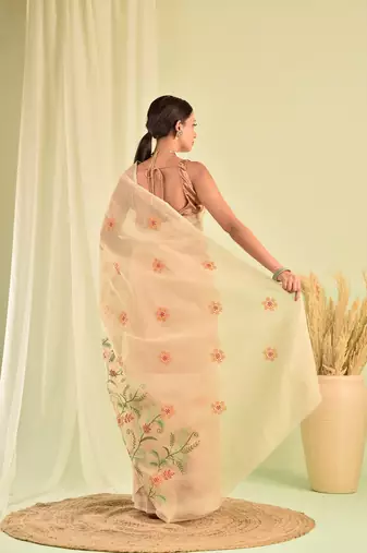 Beige kota doria saree with hand embroidery