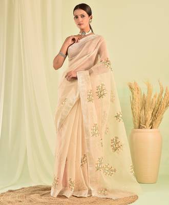 Beige hand embroidered floral kota doria saree 1