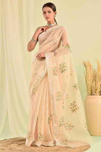 Beige hand embroidered floral kota doria saree