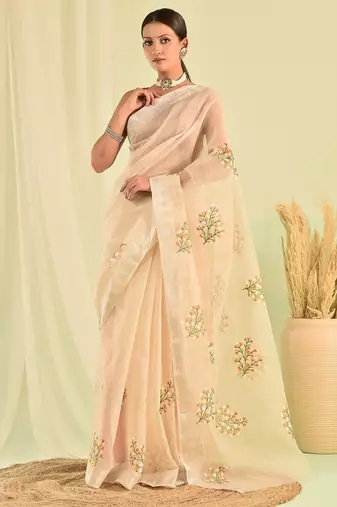 Beige hand embroidered floral kota doria saree