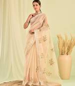 Beige hand embroidered floral kota doria saree