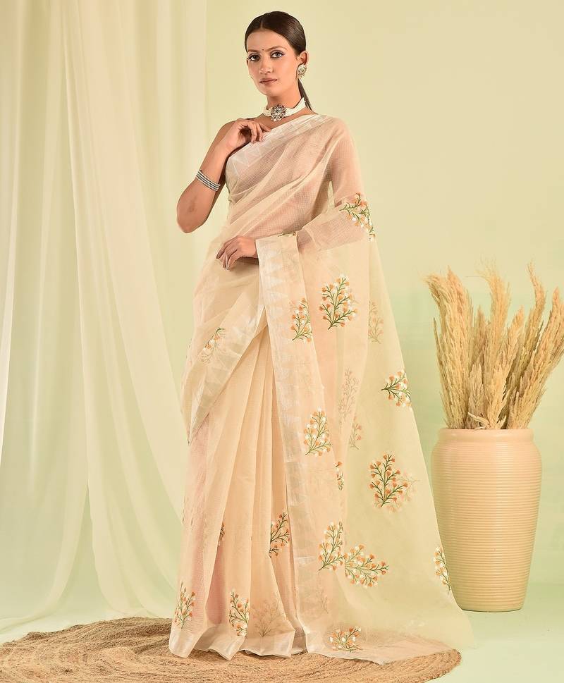 Beige hand embroidered floral kota doria saree