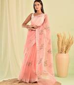 Peach hand embroidered floral kota doria saree