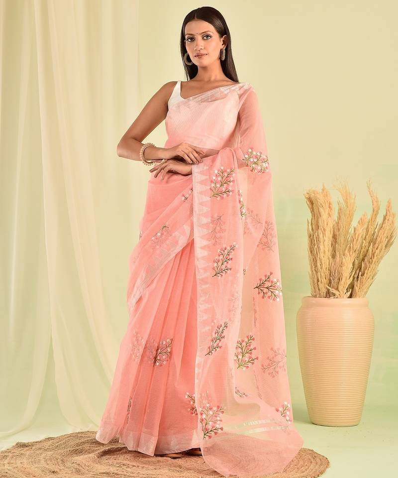 Peach hand embroidered floral kota doria saree