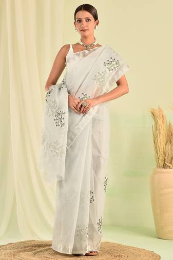 Grey hand embroidered floral kota doria saree