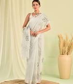 Grey hand embroidered floral kota doria saree