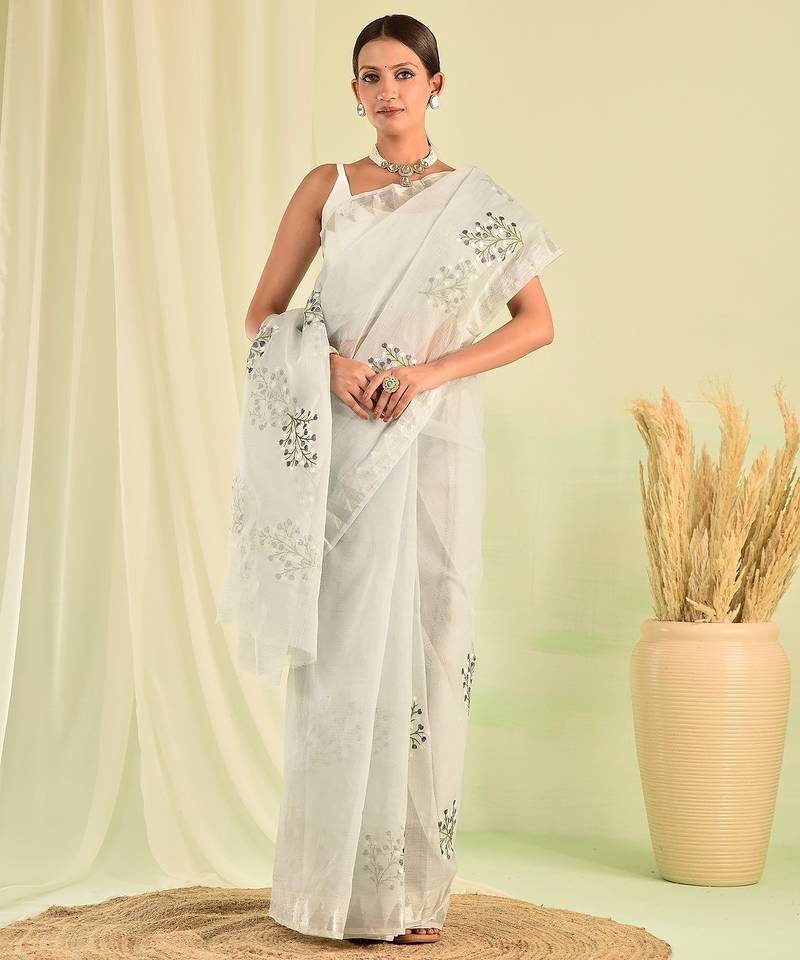 Grey hand embroidered floral kota doria saree