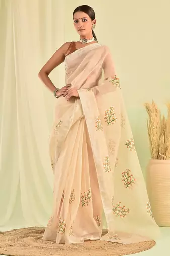 Beige hand embroidered floral kota doria saree