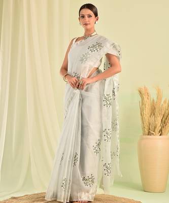 Grey hand embroidered floral kota doria saree 2