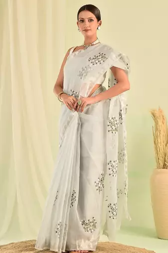 Grey hand embroidered floral kota doria saree