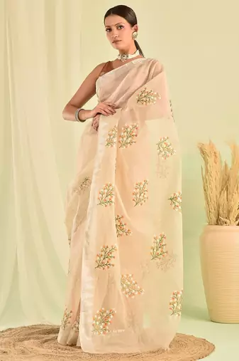 Beige hand embroidered floral kota doria saree