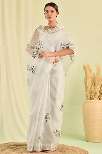 Grey hand embroidered floral kota doria saree