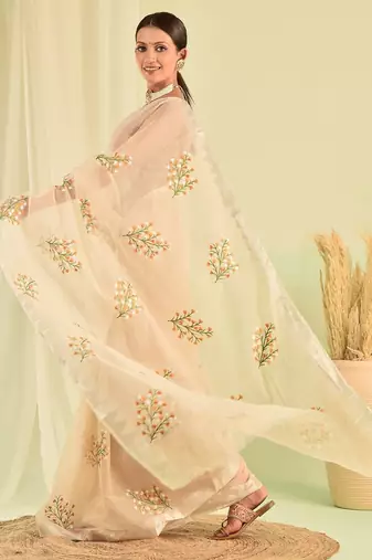 Beige hand embroidered floral kota doria saree