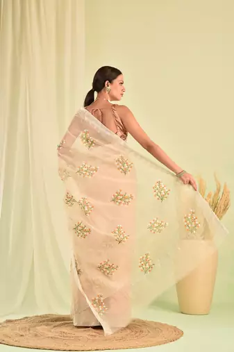 Beige hand embroidered floral kota doria saree