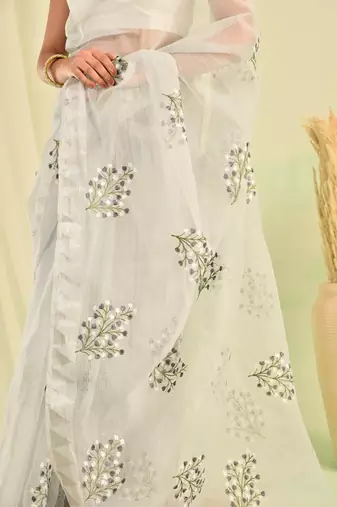Grey hand embroidered floral kota doria saree