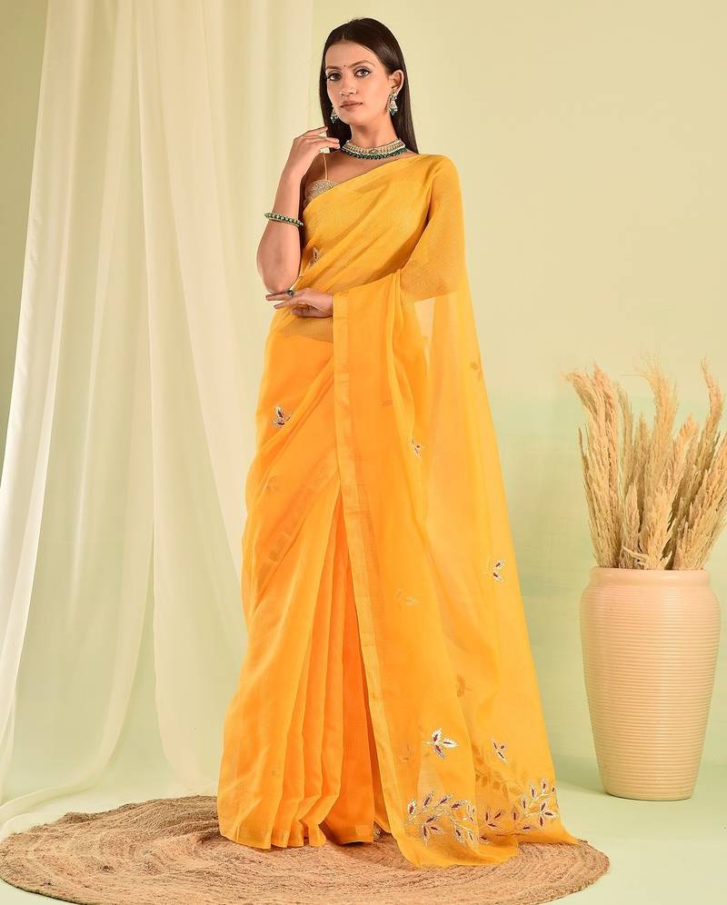 Yellow kota doria gota patti saree