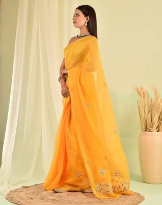 Yellow kota doria gota patti saree 3