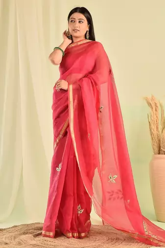 Pink kota doria gota patti saree