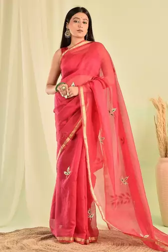 Pink kota doria gota patti saree
