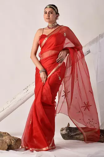 Red kota silk hand embroidered saree