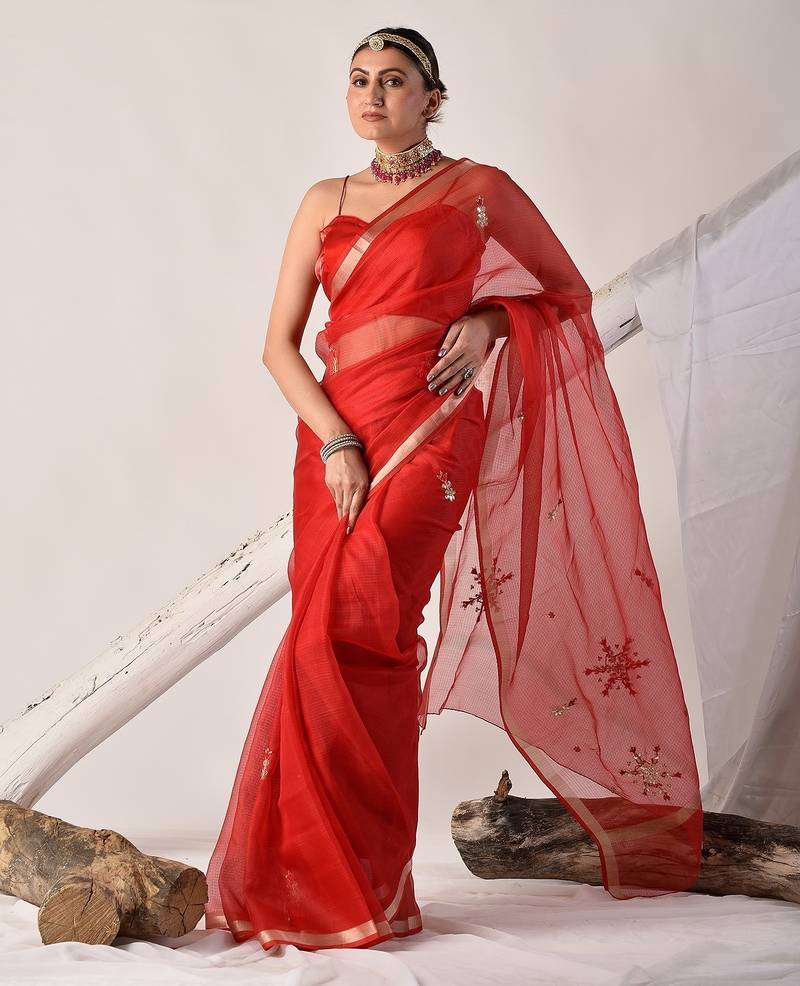 Red kota silk hand embroidered saree