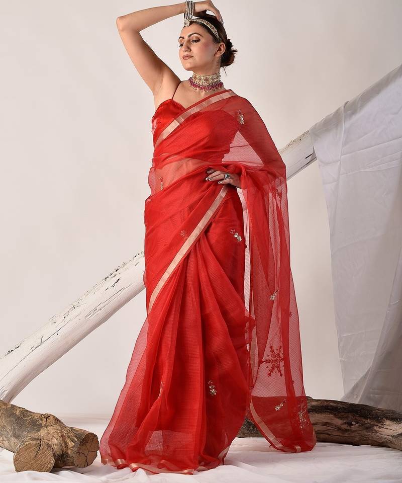 Red kota silk hand embroidered saree