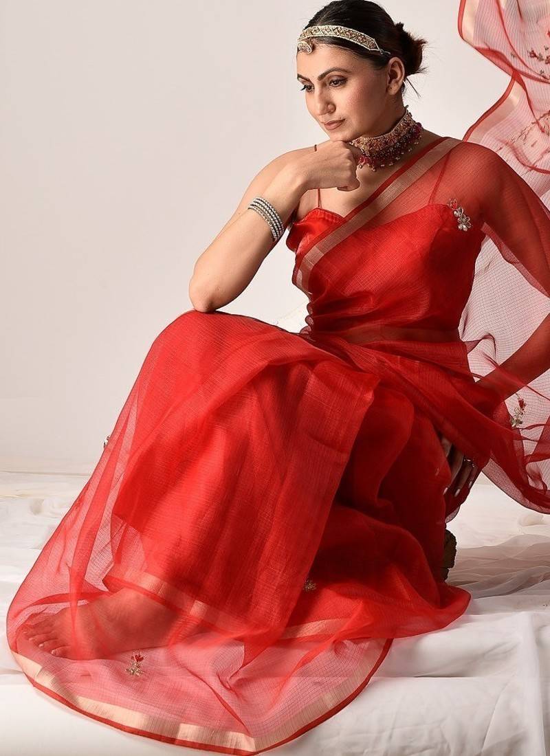 Red kota silk hand embroidered saree