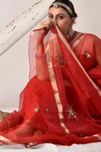 Red kota silk hand embroidered saree