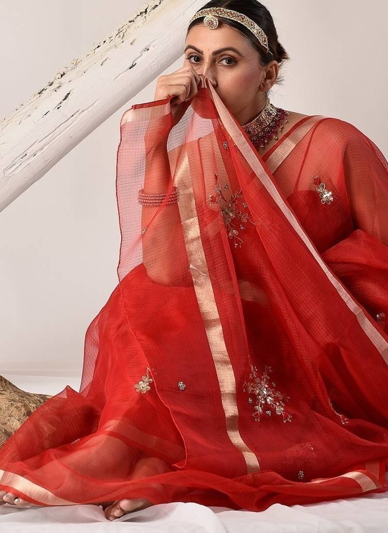 Red kota silk hand embroidered saree