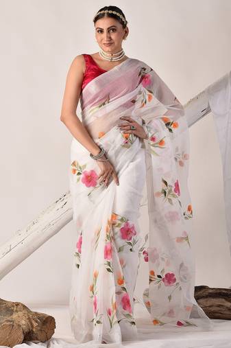 White hand painted pure kota doria saree