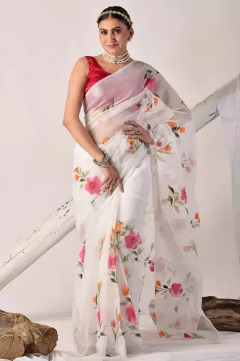 White hand painted pure kota doria saree