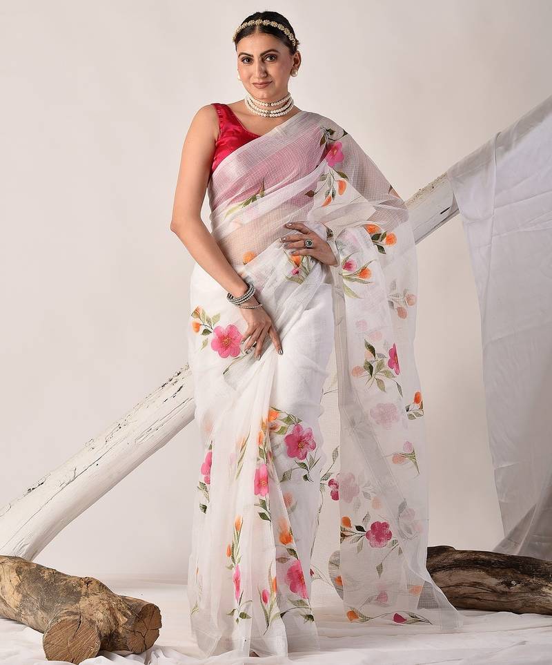 White hand painted pure kota doria saree