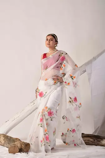 White hand painted pure kota doria saree