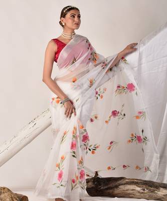 White hand painted pure kota doria saree 3