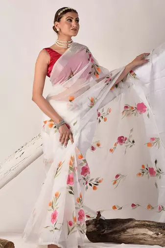 White hand painted pure kota doria saree